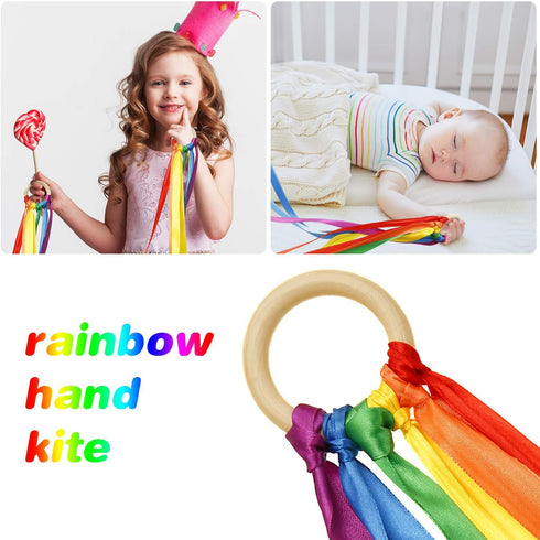 WILLBOND 3 Pieces Rainbow Hand Kite Ribbon Wrist Ribbons, Ribbon Wind Wand Dancing Ribbon Streamer with Wood Ring Learning Sensory Educational Toy...