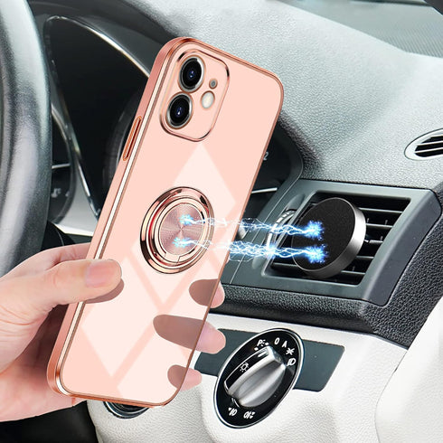 Omorro for Pink iPhone 11 Case for Women Ring Holder, Built-in 360 TPU Rotation Kickstand Rings Cases with Stand Glitter Plating Rose Gold Edge Wo...