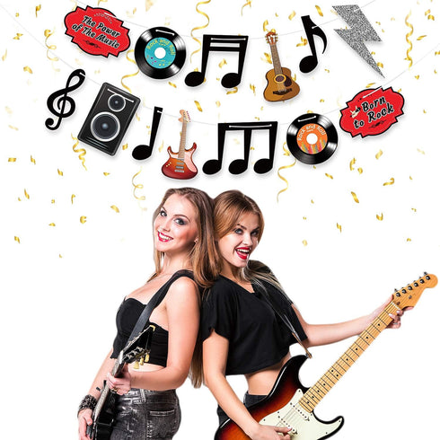 Music Themed Party Decorations Music Notes Banner 1950‘s Rock and Roll Party Decorations Retro Record Wall Hanging Garlands Guitar Cutouts for 50s...