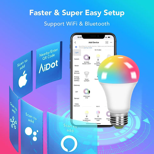 2 Pack LED Smart Light Bulb Color Changing A19 LED Light Bulbs, Light Bulbs Bluetooth Speaker&WiFi Light Bulb,1000LM RGB Dimmable,Google Home & Al...