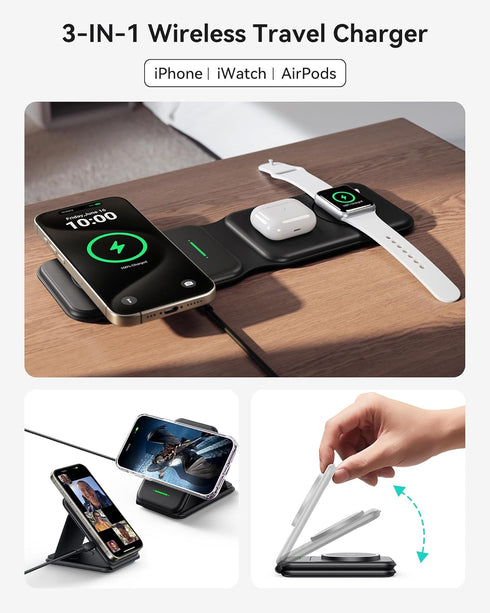 INIU 3 in 1 Charging Station for Apple Multiple Devices, 15W Magnetic Foldable Travel Charger, Wireless Charger Compatible MagSafe, iPhone 15/14/1...