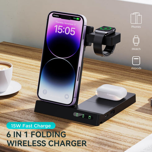 New 6-in-1 Wireless Charger Charging Station, Foldable Stand Dock,Compatible with Samsung,iPhone 15 14 13 12 11 X XR XS Pro Max 8 Plus SE, for App...