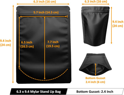 100 Pack Matte Black Mylar Stand Up Bags - 6.3x9.4 Inches Smell Proof Resealable Pouch Bag, Heat Sealable Foil Packaging Zipper Pouches for Food S...