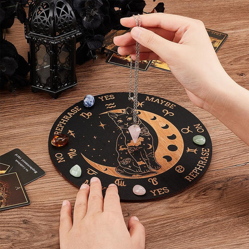 Wooden Pendulum Board 7.9" Cat Moon Witch Dowsing Divination Planchette Board Metaphysical Message Board with Healing Crystal Necklace Witchcraft ...