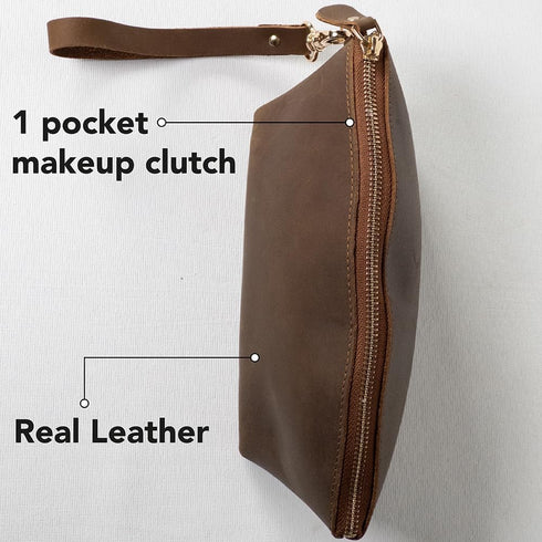 KAAL Crazy Horse, Clutch Makeup, Pure Leather Bag, Travel Cosmetic Bag for Women, Genuine Leather Toiletry Bag, Traveller's Kit Organizer Bag, Por...