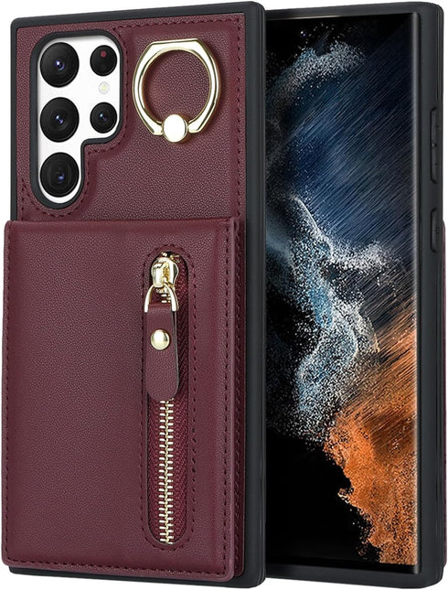 Jaorty for Samsung Galaxy S22 Ultra Phone Case with Card Holder,Galaxy S22 Ultra Case for Women with Credit ID Card Slot,360 Rotation Ring Kicksta...