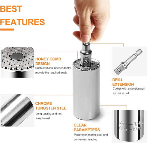 3 Pack Universal Socket, 7mm-19mm Multi-function Socket Metric Wrench Power Drill Ratchet Adapter & 105 Degree Right Angle Extension Power Screwdr...