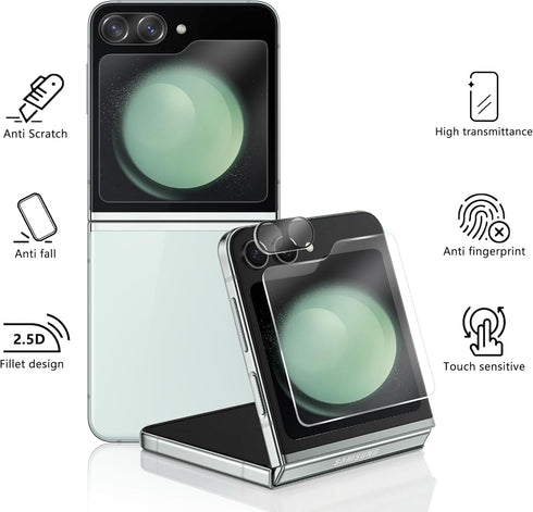 3 Pack Front Screen Protector for Samsung Galaxy Z Flip 5 Tempered Glass + 3 Pack Camera Lens Protector, Easy Installation, Case Friendly, Fingerp...