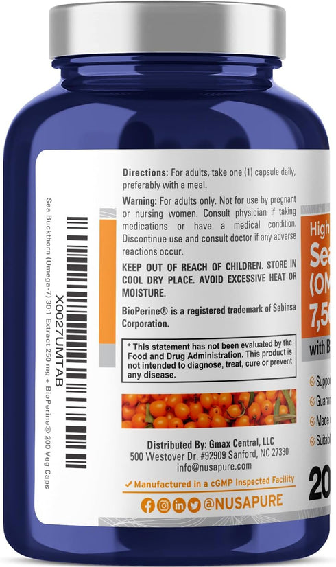 NusaPure Sea Buckthorn Omega-7 7500mg per Veggie Powder Caps - 200 Count - Extract 30:1, Non-GMO & Vegan...