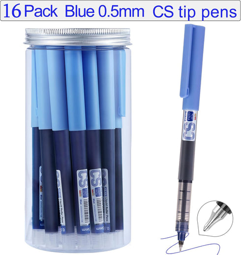 16 Pack Liquid Ink Rollerball Pens, Blue Pens CS Fine Point with 0.5mm Blue Ink, Smooth Writing Bulk Pens, and Office Supplies...