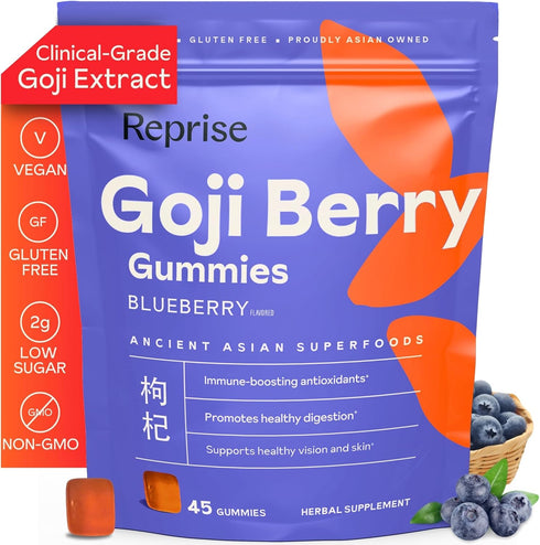 Reprise Goji Berry Superfood Gummies - All-Natural Antioxidant, Digestion, 240 mg Full-Potency, Low-Sugar, Vegan, 45 Blueberry Flavored Gummies...