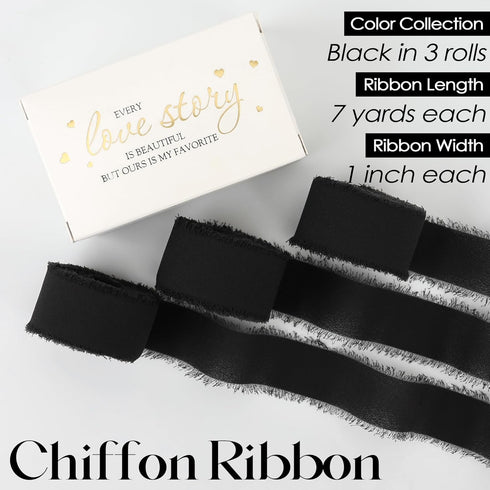 MEEDEE Black Chiffon Ribbon 1 Inch Frayed Ribbon Chiffon Silk Ribbon Black Fringe Ribbon Thin Chiffon Ribbons for Crafts, Gift Wrapping, Wedding I...