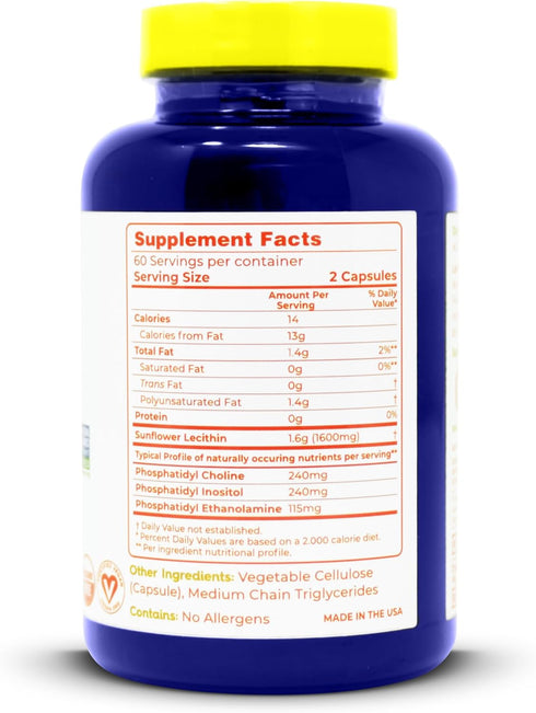 100% All-Natural Sunflower Lecithin Capsules - 120 Count - Rich in Phosphatidyl Choline - Cold Pressed (Solvent Free) - Non-GMO Project Verified -...