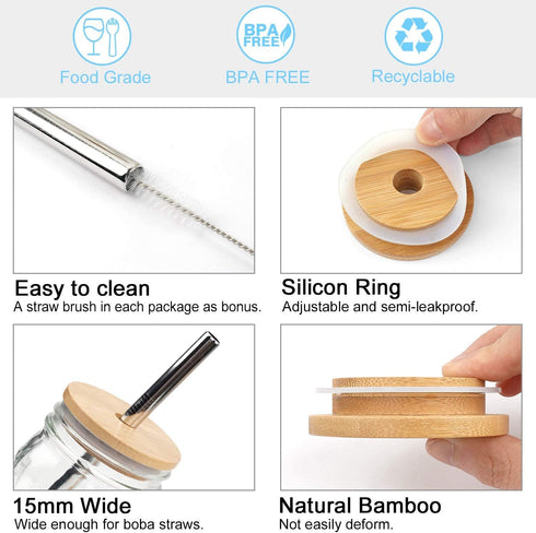 Mason Jar Lids With Straw - Reusable Bamboo Wide Mouth Tumbler Tops, 2 Packs With 2 Stainless Steel Straws...