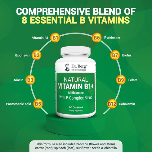 Dr. Berg Natural Vitamin B1 B6 B12 Complex - Allithiamine Vitamin B1 Supplement with 8 Essential Vitamin B Complex for Men & Women Including Thiam...