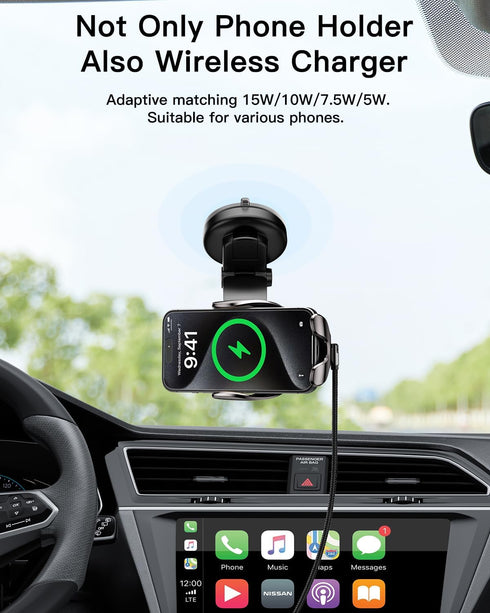 Wireless Car Charger, ESSAGER 15W Fast Charging Car Phone Holder Mount Auto Clamping Cell Phone Stand for iPhone 15 14 13 12 11 Pro Max, Samsung G...
