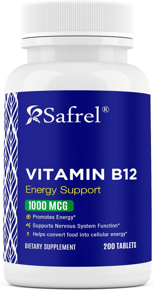 Safrel Vitamin B12, Supports Energy Metabolism, Tablets, 1000mcg, 200 Ct, Provides Energy, Metabolism and Nervous System Health Support | Vegan, G...