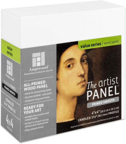 Ampersand Art Supply Wood Gesso Artist Painting Panel: Primed Smooth, 4" x 4", 1-1/2" Cradled Profile...