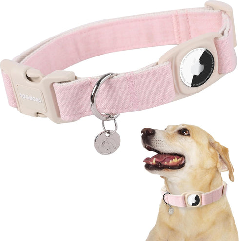 DOGWONG Airtag Cotton Hemp Dog Collar, Heavy-Duty Dog Collar with Airtag Holder Pink Dog Collar Natural Fabric Pet Dog Collar Cute Puppy Necklace ...