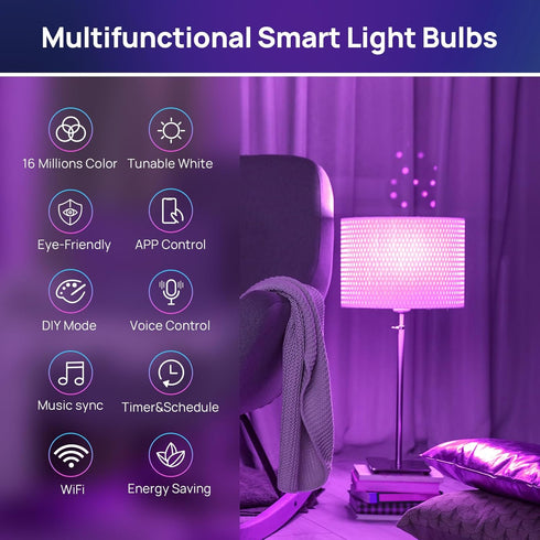 Consciot Smart Light Bulbs, WiFi LED Light Bulb That Works with Alexa & Google Home, Music Sync, Color Changing Light Bulb, A19 E26 2.4Ghz WiFi Li...