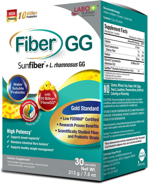 LABO Nutrition FiberGG, Lactobacillus Rhamnosus GG 10 Billion CFU Active Probiotics and 7g Sunfiber Prebiotic Fiber Supplement, Support Healthy In...