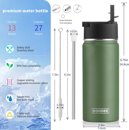 koodee Water Bottle-16 oz Stainless Steel Double Wall Vacuum Insulated Sports Water Bottle with Straw for Girls and Boy (Grass Green)...