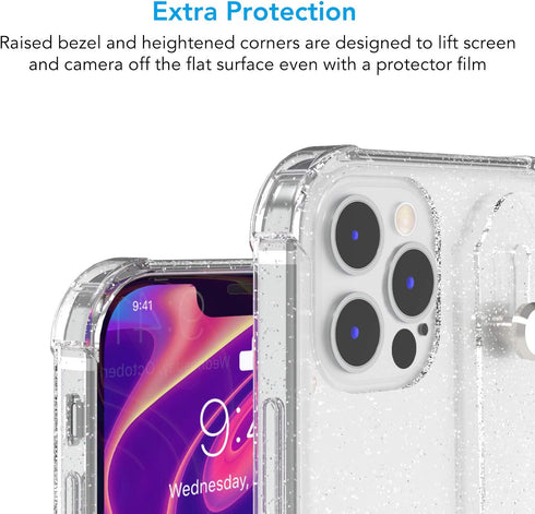 Clear Glitter Case with Hand Strap Compatible with iPhone 12 Pro Max 6.7 Inch, Sparkle Bling Cover Case with Adjustable Wrist Strap Stand Holder a...