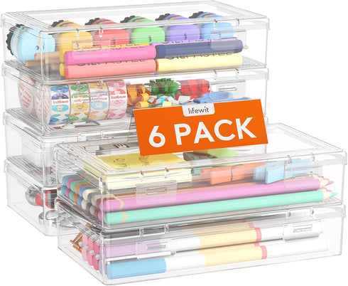 Lifewit Plastic Pencil Box with Snap-tight Lid, Large Capacity Hard Pencil Case, Stackable Craft organizer for Art Supply, Office, 6 Pack...