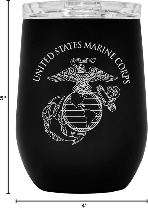 Military Gift Shop USMC Steel Stemless Wine Glass Tumbler, 12 oz Double Wall Vacuum Insulated Outdoor Tumbler–Black with Marine Corps logo | USMC ...