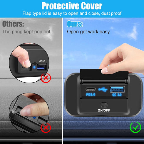 Linkstyle 12V USB Outlet, 36W QC3.0 USB-A & 55W PD3.0 USB-C Port Charger Socket, Quick Car Charger Panel with Switch, USB Port Panel for Car......