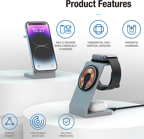 Aluminum Alloy Magnetic Wireless 3 in 1 Charging Station, Fast Wireless Charging Station Compatible with MagSafe Charger Stand for iPhone 14 13 12...