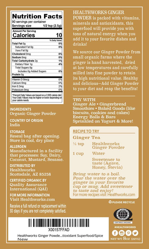 Healthworks Superfoods Organic Ginger Powder - 8 Oz - Ground, Raw & All-Natural - Keto, Vegan - Great with Coffee, Tea & Juices - Superfood/Spice...