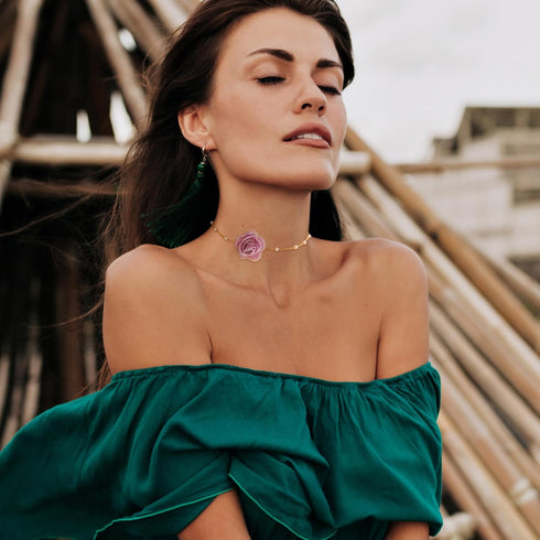 Rose Flower Choker Necklace Vintage Pearl Choker Necklace for Women Floral Choker Rose Choker Bride Wedding Party Summer Necklace (Purple)...