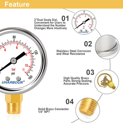 Lead-Free Pressure Gauge 0-160psi 1/4" NPT Lower Mount 2" Dial Stainless Steel Case, Pressure Gauge for Water Air RV...