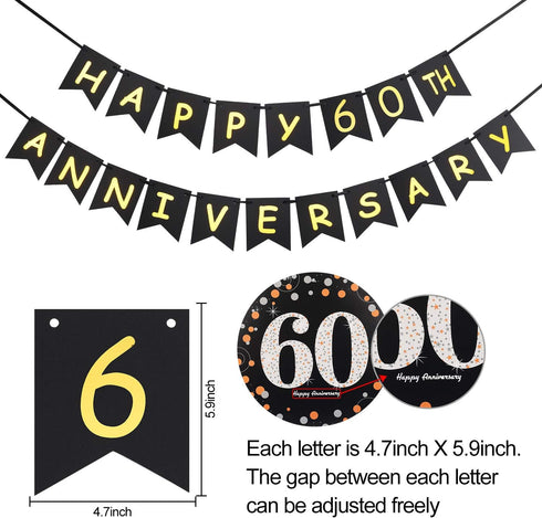 60th Anniversary Decorations Kit - Gold Glitter Happy Anniversary Banner, 9Pcs Sparkling Hanging Swirl, 6Pcs Poms - For 60th Wedding Party Decorat...