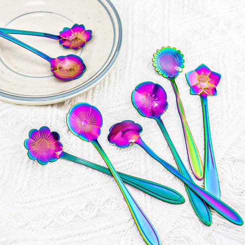 8 Pieces Rainbow Flower Spoon Coffee Teaspoon Set, LEEFONE Stainless Steel Reusable Tea Spoon Sugar Spoon Ice Tea Spoon Stirring Spoon Dessert Cak...