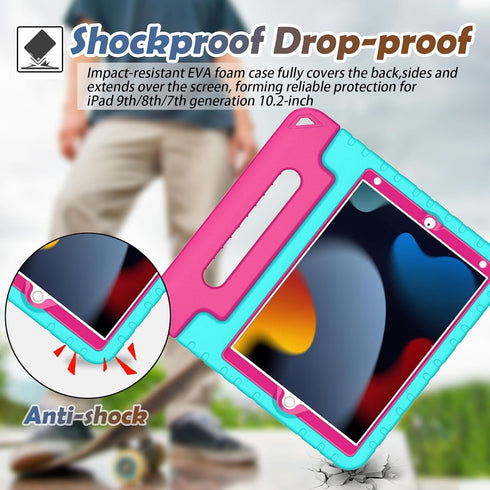 LTROP Kids Case for iPad 9th/ 8th/ 7th Generation (2021/2020/ 2019), iPad 10.2 Handle Stand Case - Turquoise and Rose...