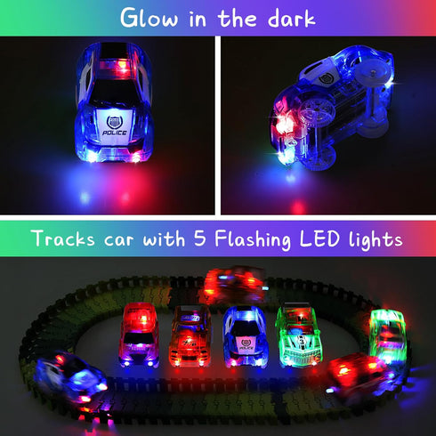 Tracks Cars Magic,Light Up Magic Toy Race Cars Glow in The Dark Toy Cars Gifts for 3 4 5 6 7 8 Kid,Boy&Girl with 5 LED Flashing Light Battery Oper...