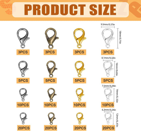 152Pcs 4 Colors 4 Sizes Lobster Claw Clasps Kit, 12mm, 14mm, 16mm, 18mm Alloy Small Jewelry Clasps Lobster Clasps for DIY Necklace Bracelet Jewelr...