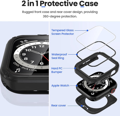 Goton 2 in 1 Waterproof Rugged Case for Apple Watch Screen Protector 40mm Series 6 5 4 SE, 360 Protective Glass Face Cover Hard PC Bumper + Back F...