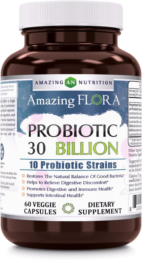 Amazing Flora Probiotic 10 Best Probiotics Strains | 30 Billion | 60 Veggie Capsules Supplement | Non-GMO | Gluten Free | Suitable for Vegetarians...