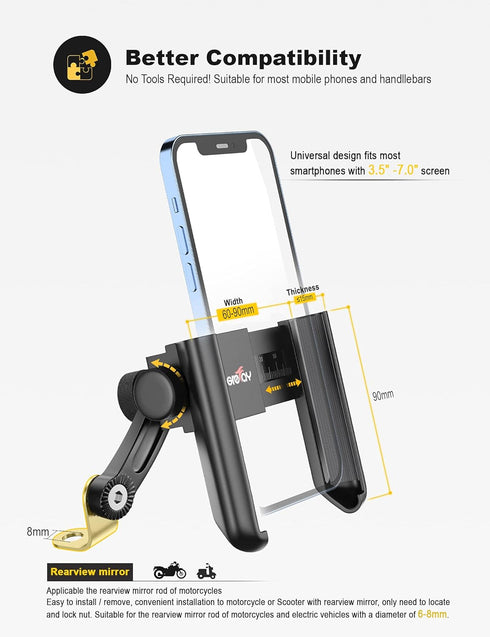 Motorcycle Phone Mount, 1S Quick Release Anti Shake Motorbike Phone Holder for 3.5-7.0 Inch Smartphone for Motorcycle Mirror Phone Mount with 360°...