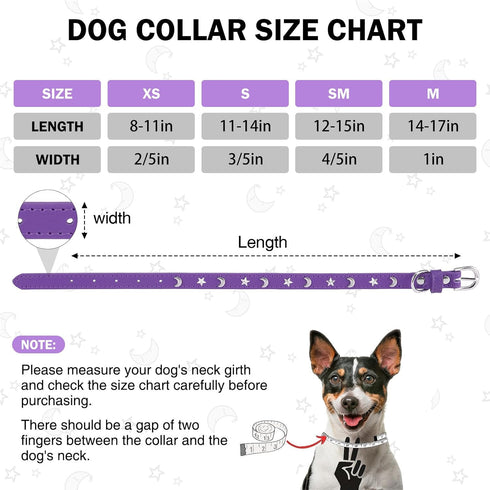 Leather Dog Collar for Puppy Small Medium Dogs, Adjustable Star Moon Rivet Studded Pet Collars with Rust-Proof Metal Buckle and Charms, XS S Dog C...