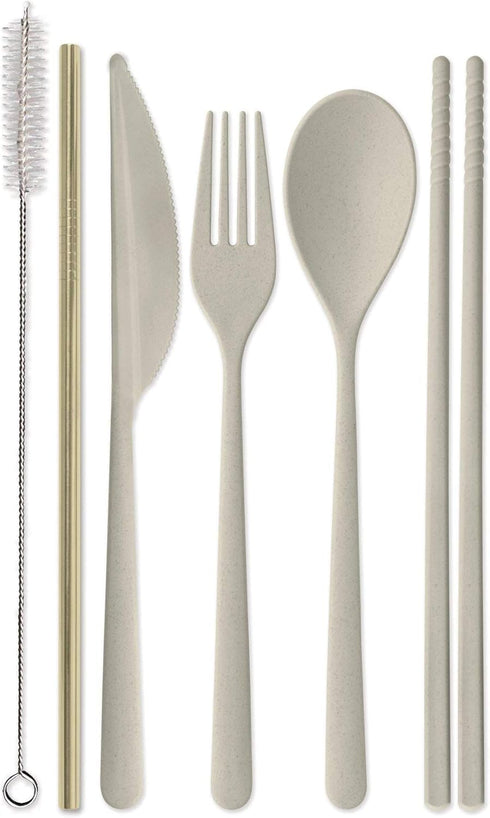Designworks Ink Reusable Cutlery Set Utensils for Lunch Box, 7-Piece, Forest Green - Eco Maniac Plastic Flatware with Forks, Spoon, Knife, Chopsti...