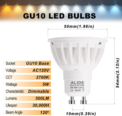 ALIDE 10Pack GU10 LED Light Bulbs Dimmable 50watt Equivalent, 2700K Soft Warm Light GU10 Bulb Replacement for Recessed Track Lighting, 5W LED Bulb...