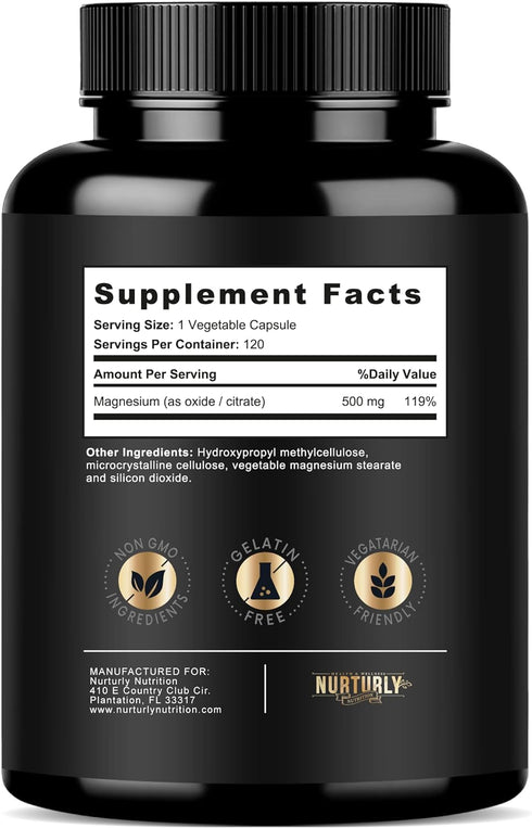 Magnesium Citrate & Oxide 500mg Complex Supplement - High Absorption Maximum Strength - Helps Support Bone Density and Strength, Muscles, Energy a...