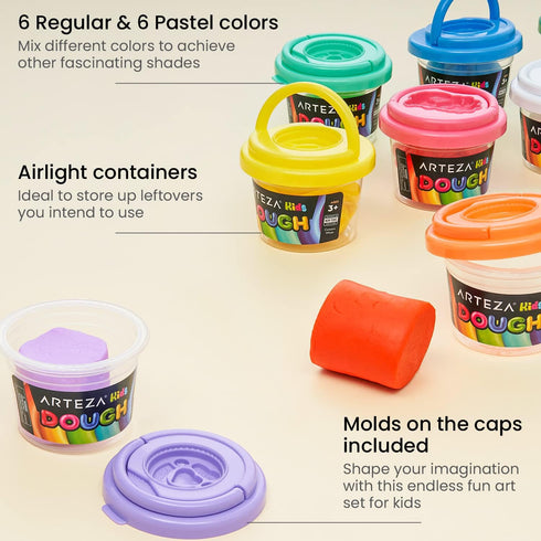 Arteza Kids Play Dough, 6 Pastel and 6 Regular Colors, 2.8-oz Tubs, Soft, Air-Tight Containers, Art Supplies for Kids Crafts and Playtime Activiti...