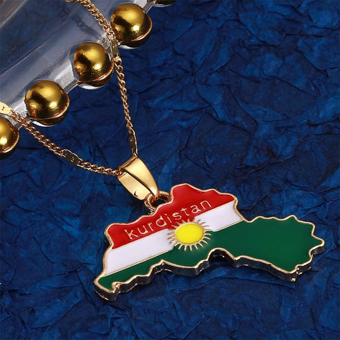 Kurdistan Gold Enamel Pendant Necklace Flag Region Map Kurdish Large Chain Jewelry...