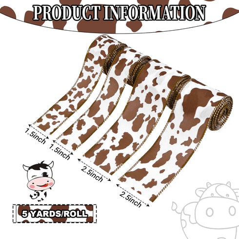 4Roll Brown Cow Wired Edge Ribbon Brown White Cow Patterned Burlap Ribbon Animal Print Fabric Ribbon for Gift Wrapping Wreath Making Craft Supplie...