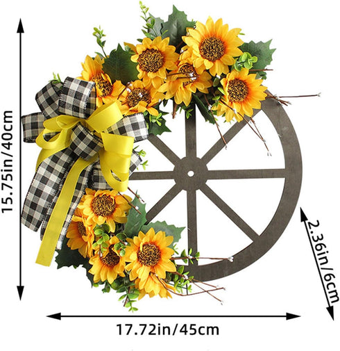 Sunflower Wagon Wheel Wreath for Front Door, Wooden Wheel Wreath with Sunflower and Bow, Spring Wheel Wreath, Wall Home Porch Farmhouse Decor Outd...